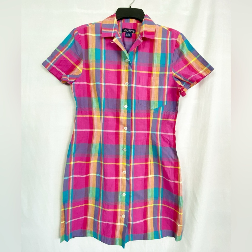 Vintage Nautica Pink and Blue Paid Button Down Shirt Dress 4